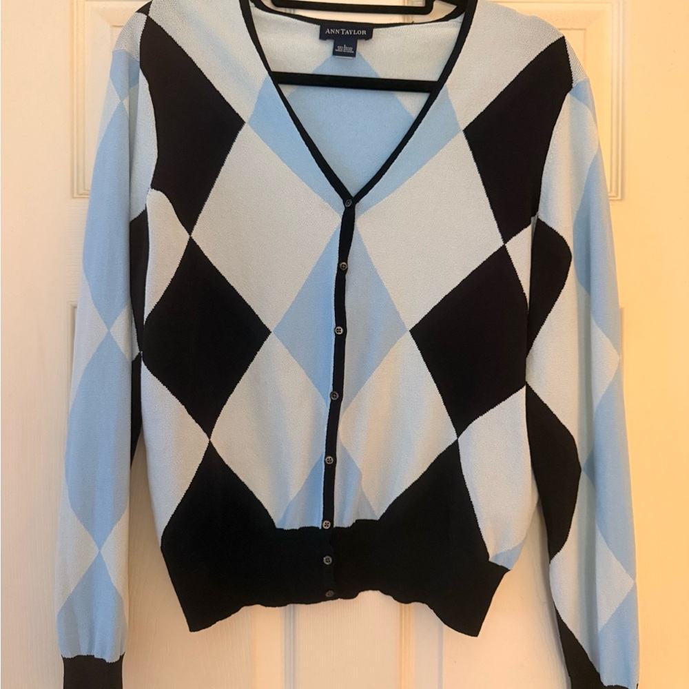 Ann Taylor Women's Argyle Cardigan Sweater - Navy and Blue